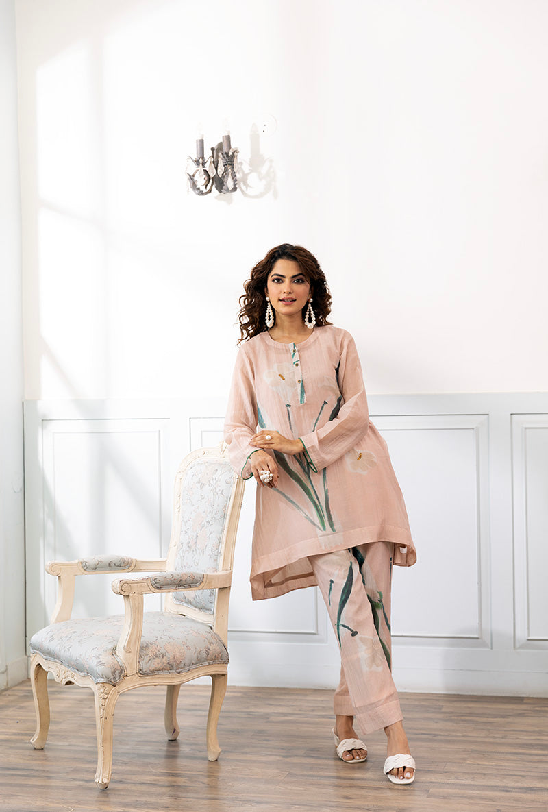 Peach Printed Dahlia Co-ord Set