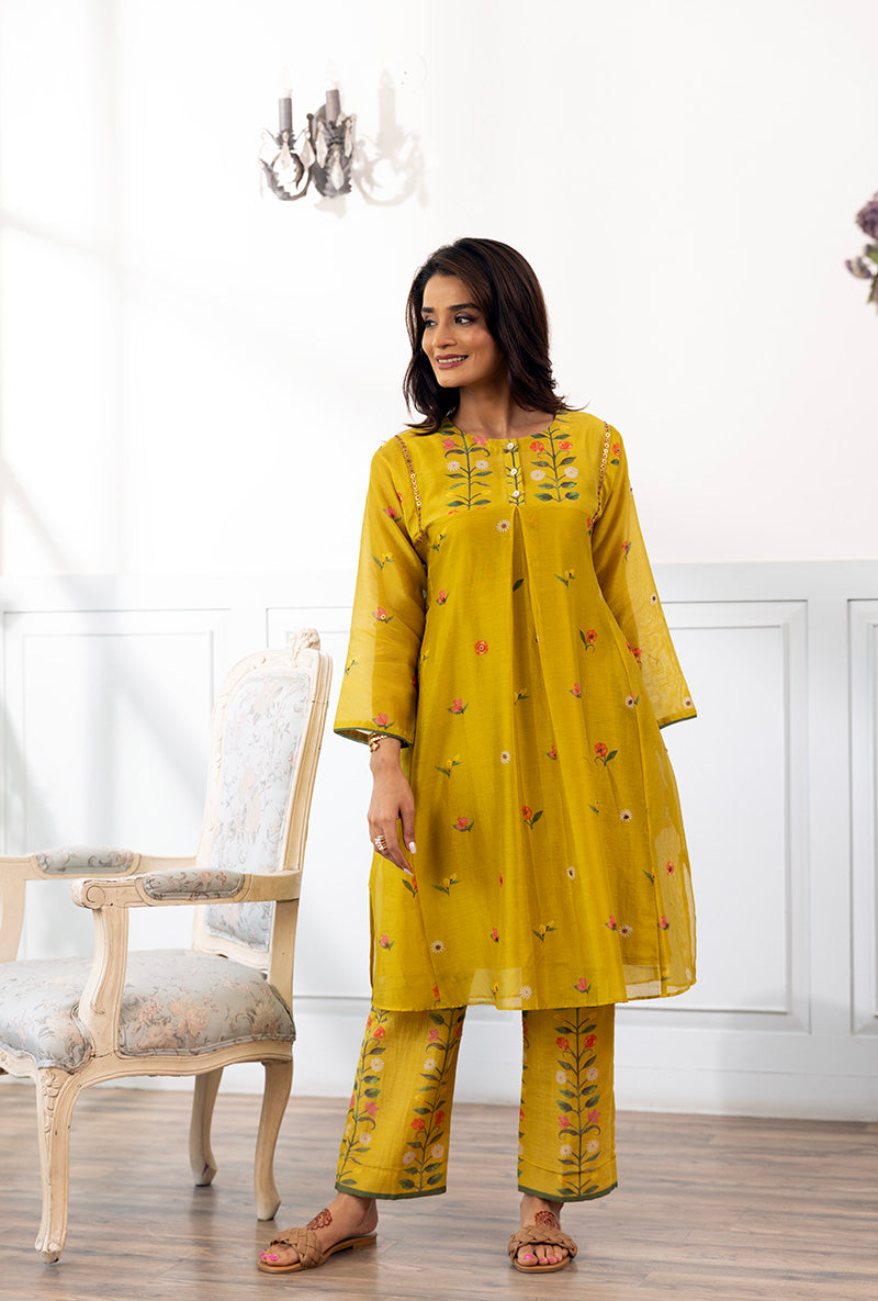 Mustard Side Kali Printed Dahlia Kurta Set