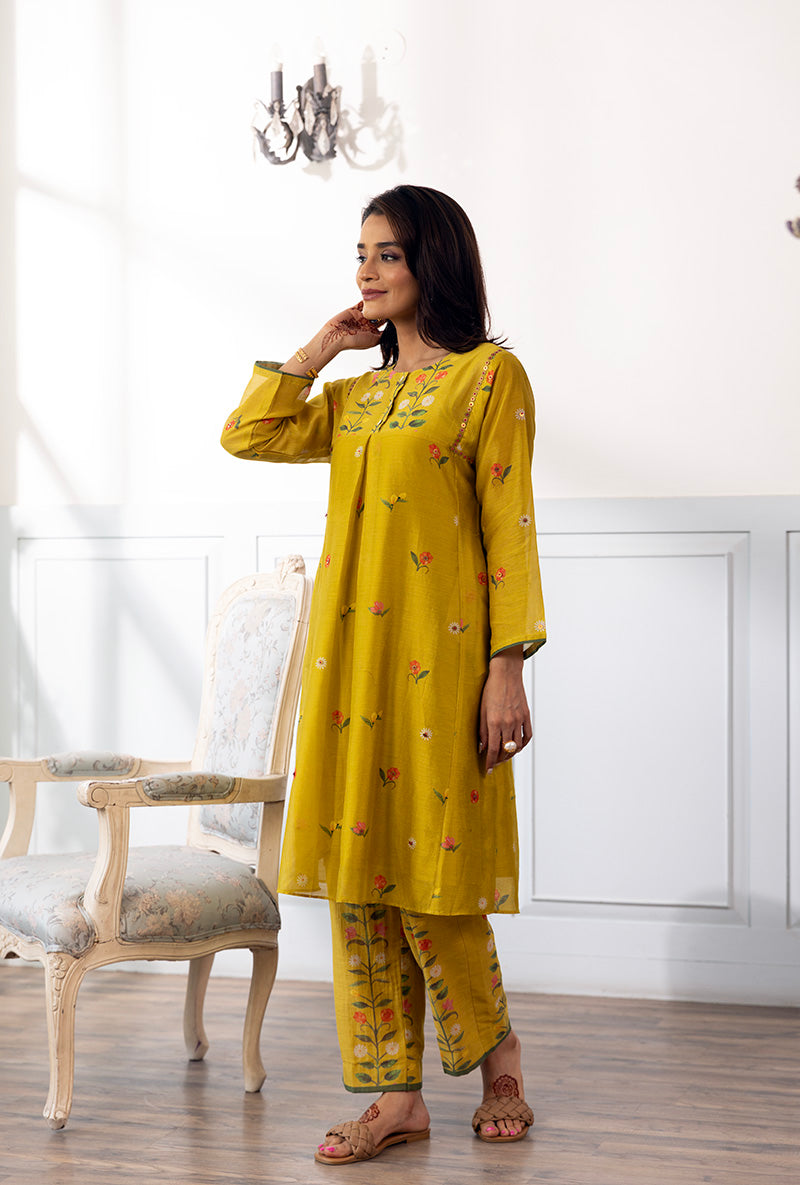 Mustard Side Kali Printed Dahlia Kurta Set