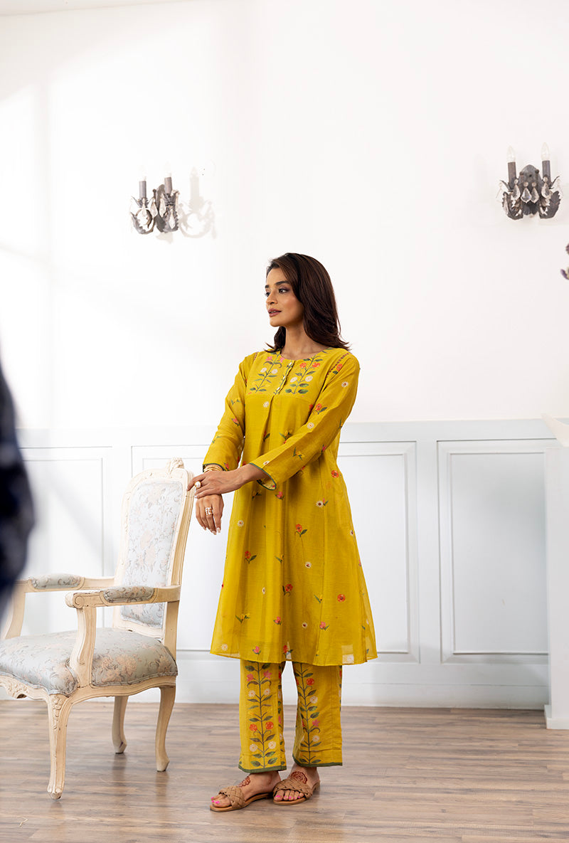 Mustard Side Kali Printed Dahlia Kurta Set