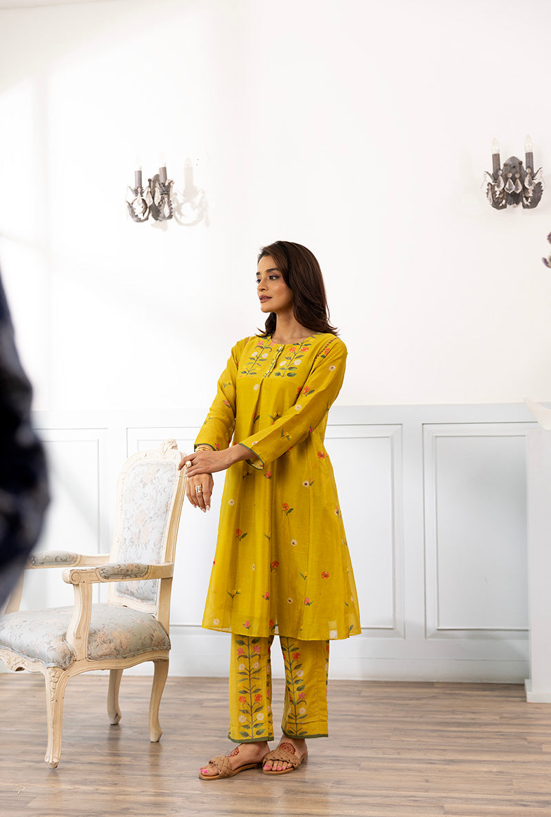 Mustard Side Kali Printed Dahlia Kurta Set