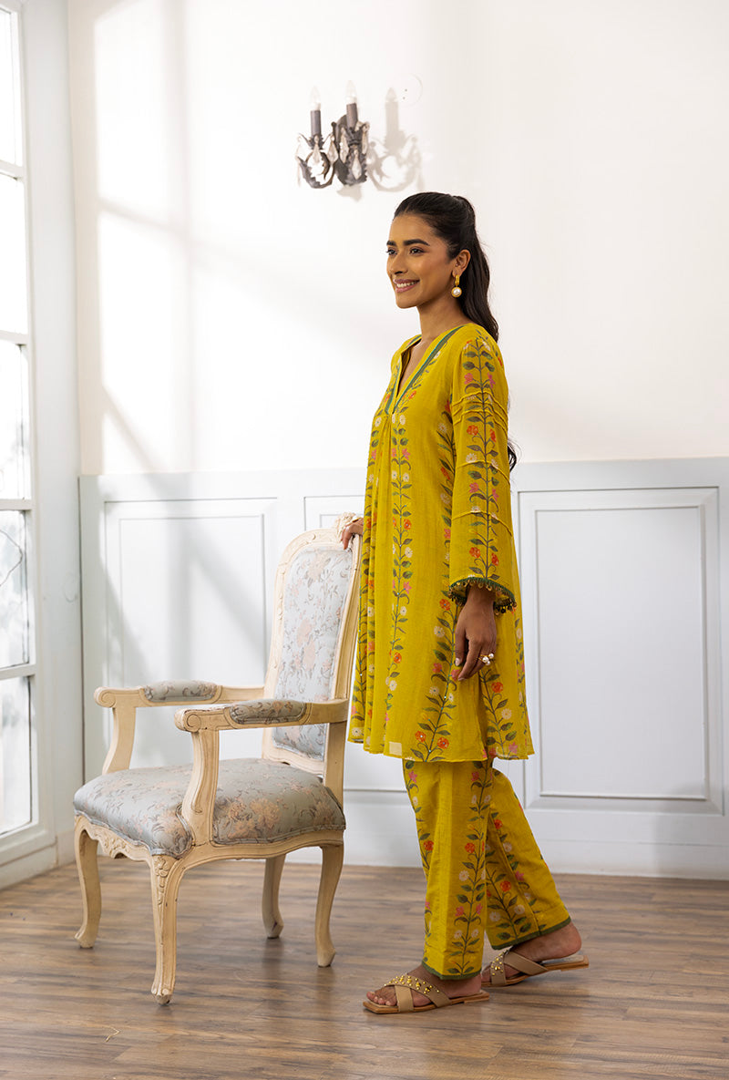 Mustard Flower Printed Dahlia Kurta Set