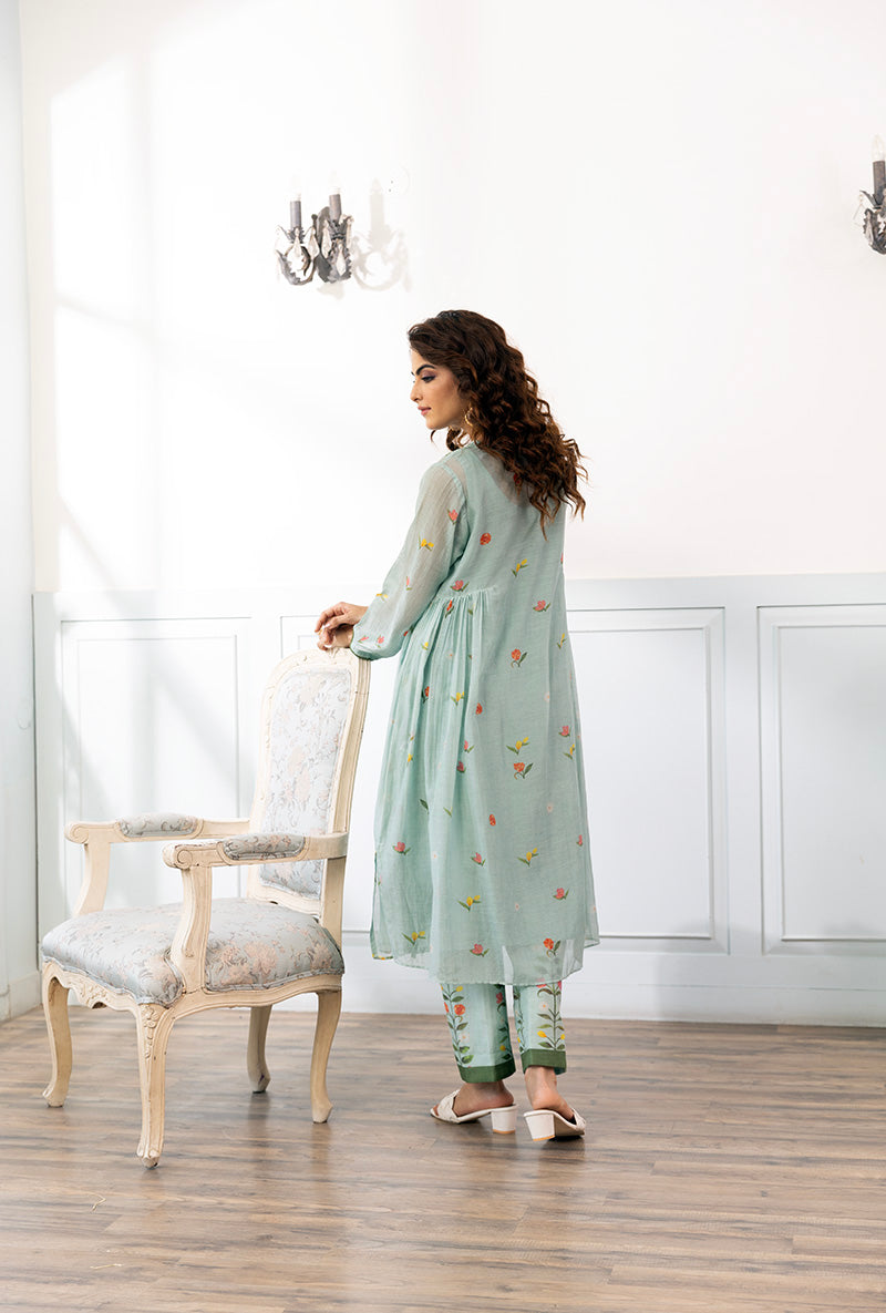 Ice Blue Long Printed Dahlia Kurta Set