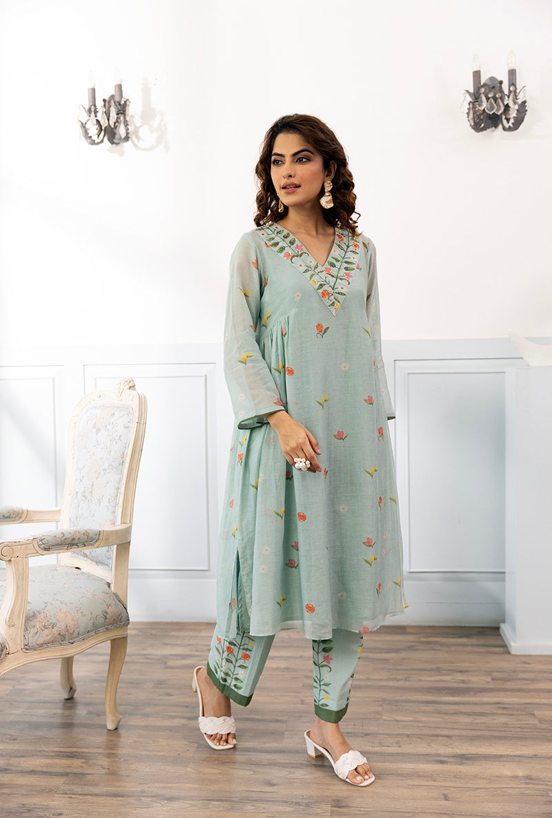 Ice Blue Long Printed Dahlia Kurta Set