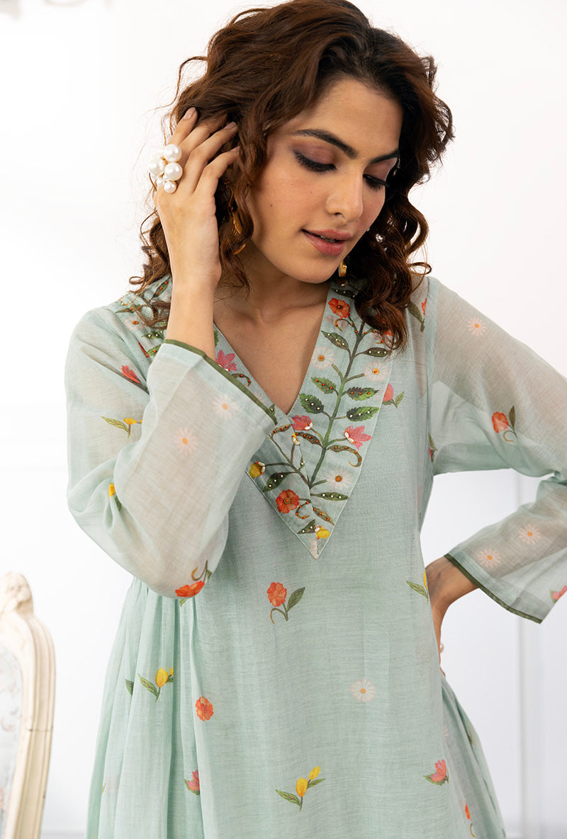 Ice Blue Long Printed Dahlia Kurta Set