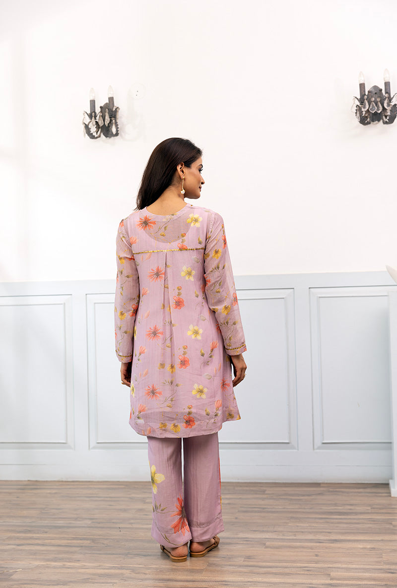 Levender V Neck Printed Dahlia Co-ord Set