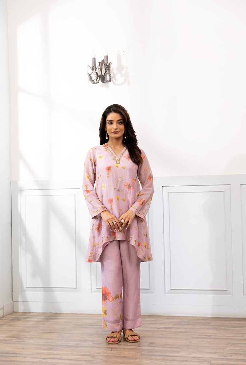 Levender V Neck Printed Dahlia Co-ord Set