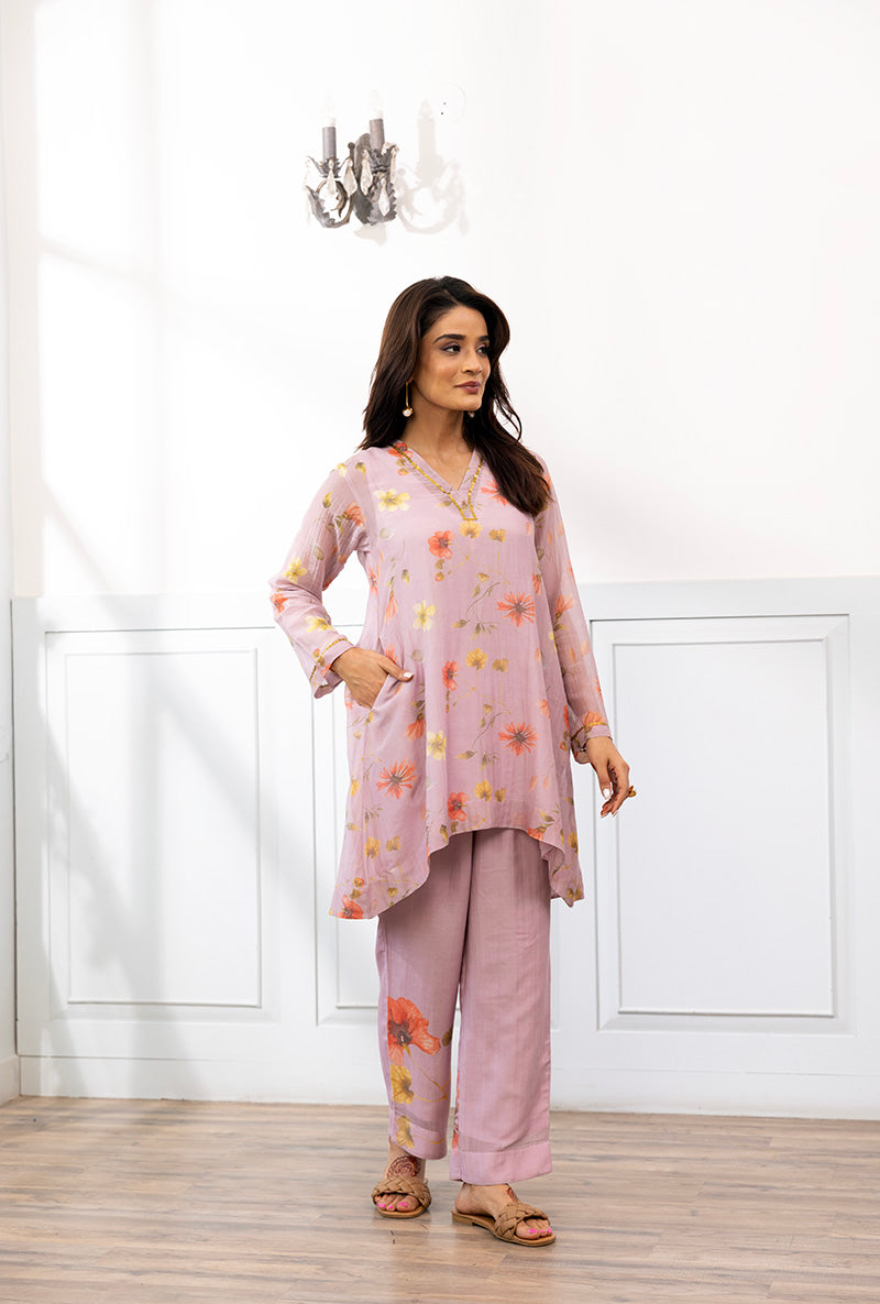 Levender V Neck Printed Dahlia Co-ord Set