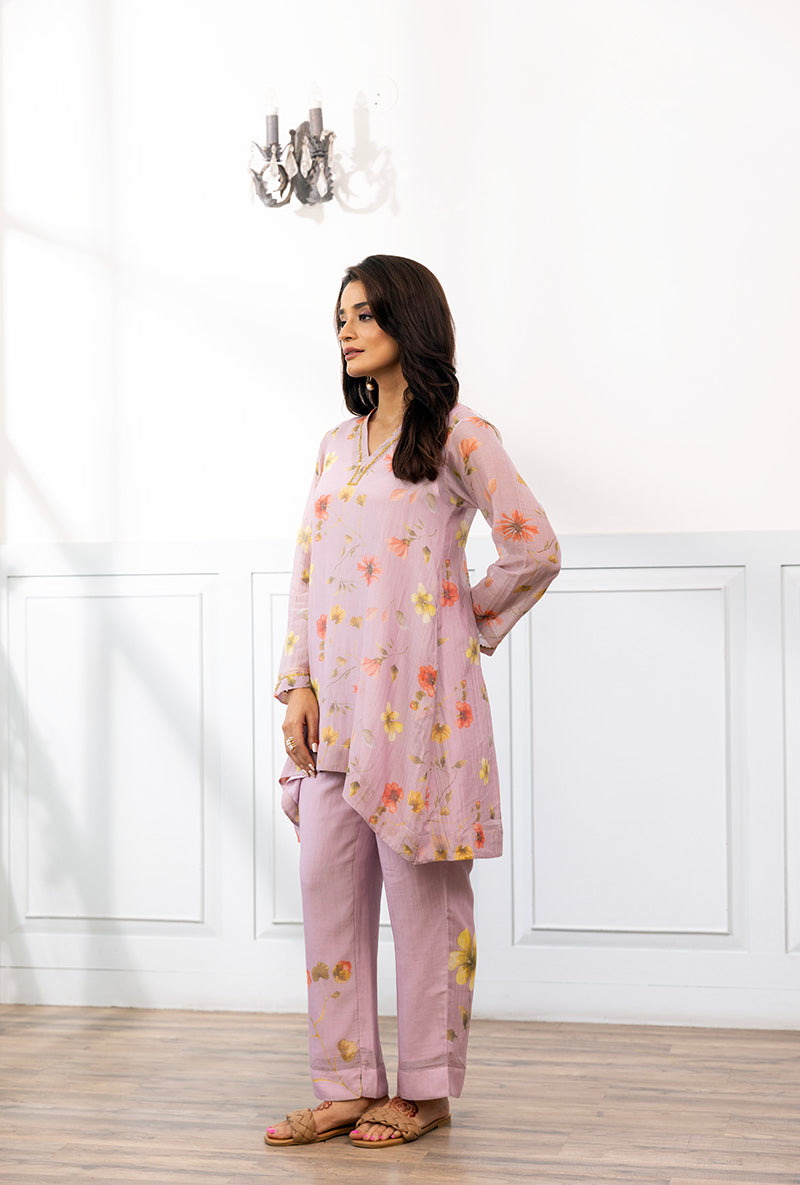 Levender V Neck Printed Dahlia Co-ord Set