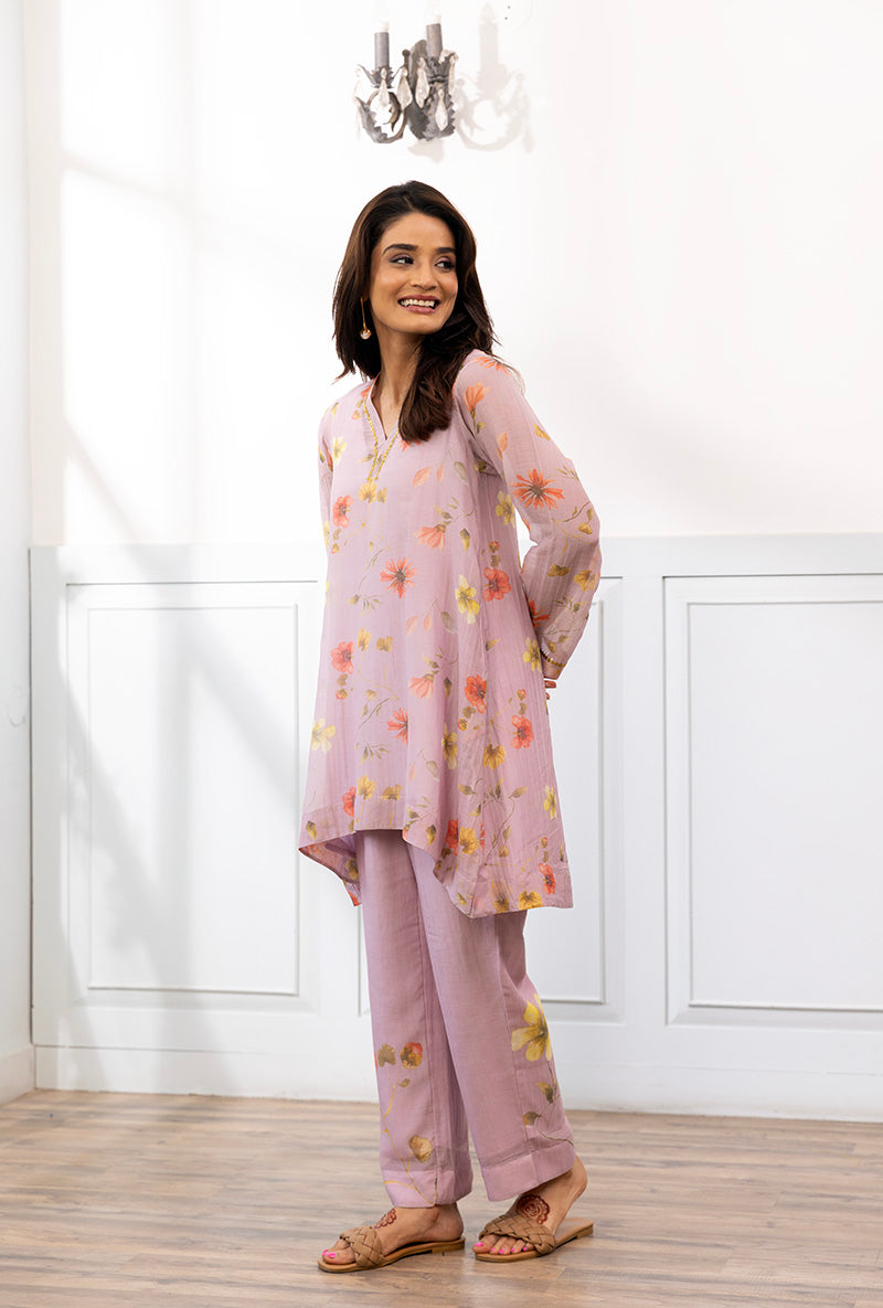 Levender V Neck Printed Dahlia Co-ord Set