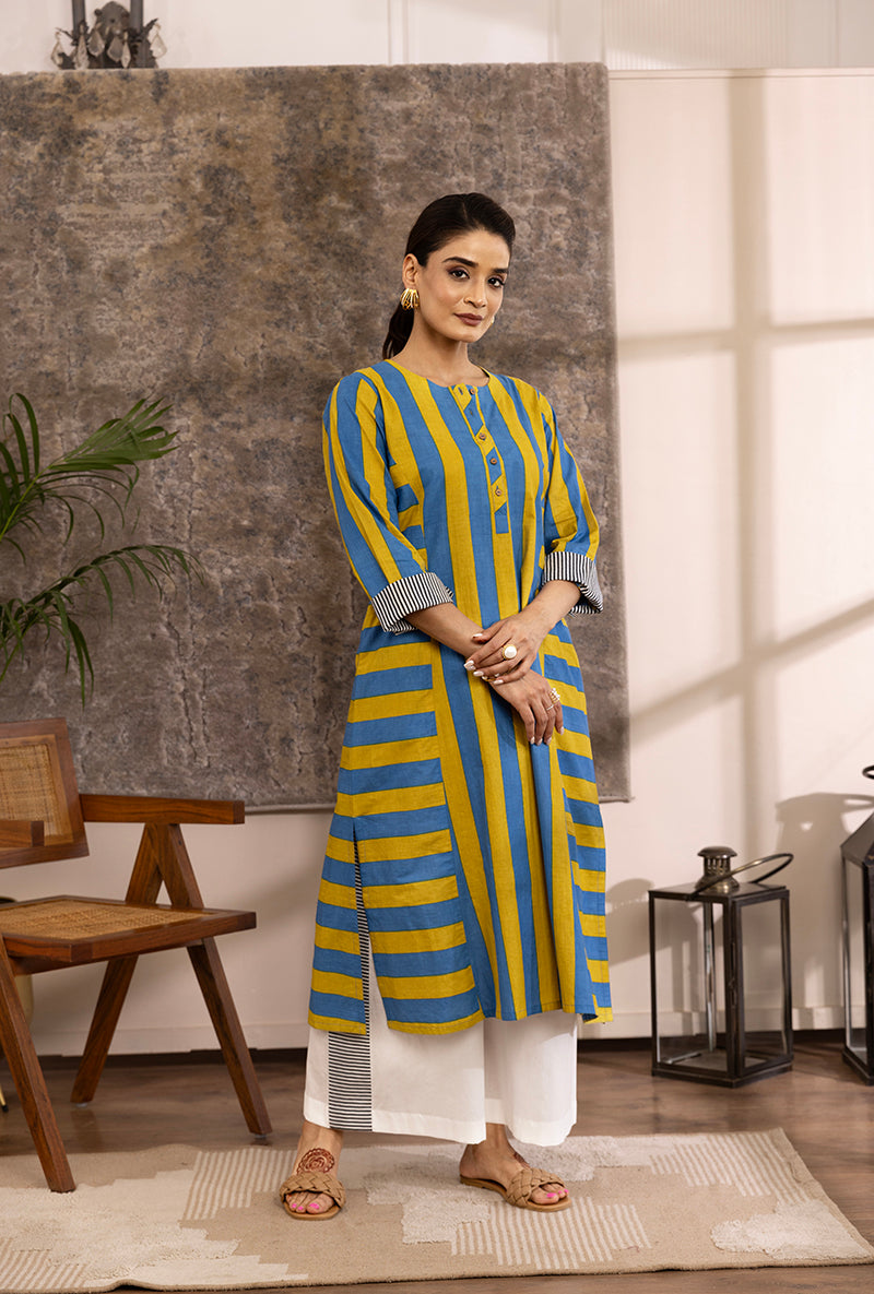 Yellow And Blue Stripe Hazel Kurta Set