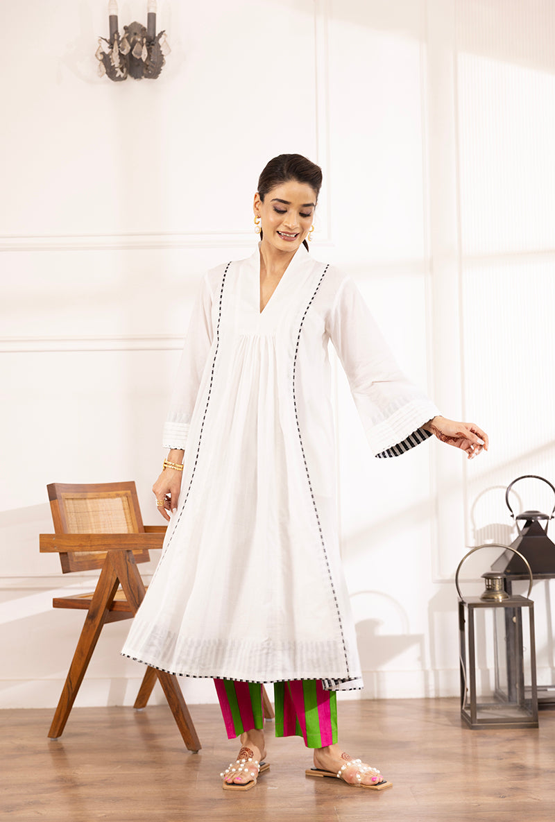 White V-Neck Contrast Bottom A-Line Hazel Kurta Set