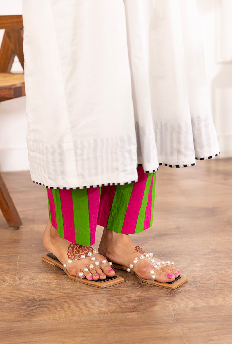White V-Neck Contrast Bottom A-Line Hazel Kurta Set