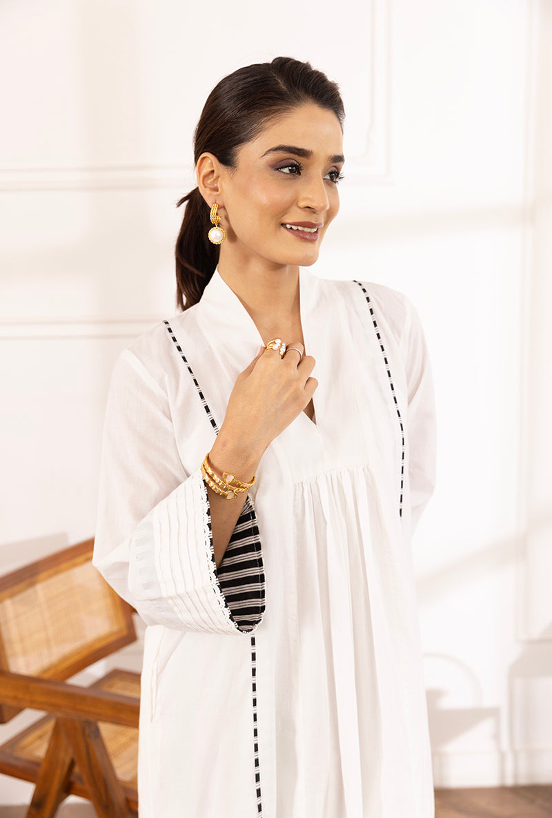 White V-Neck Contrast Bottom A-Line Hazel Kurta Set