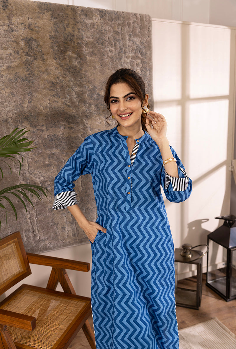 Blue Zig-Zag Print Hazel Kurta Set
