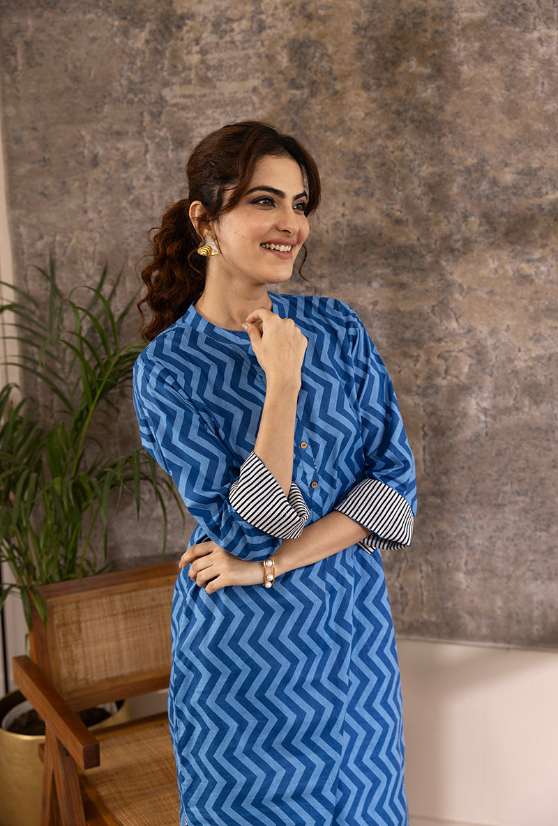 Blue Zig-Zag Print Hazel Kurta Set