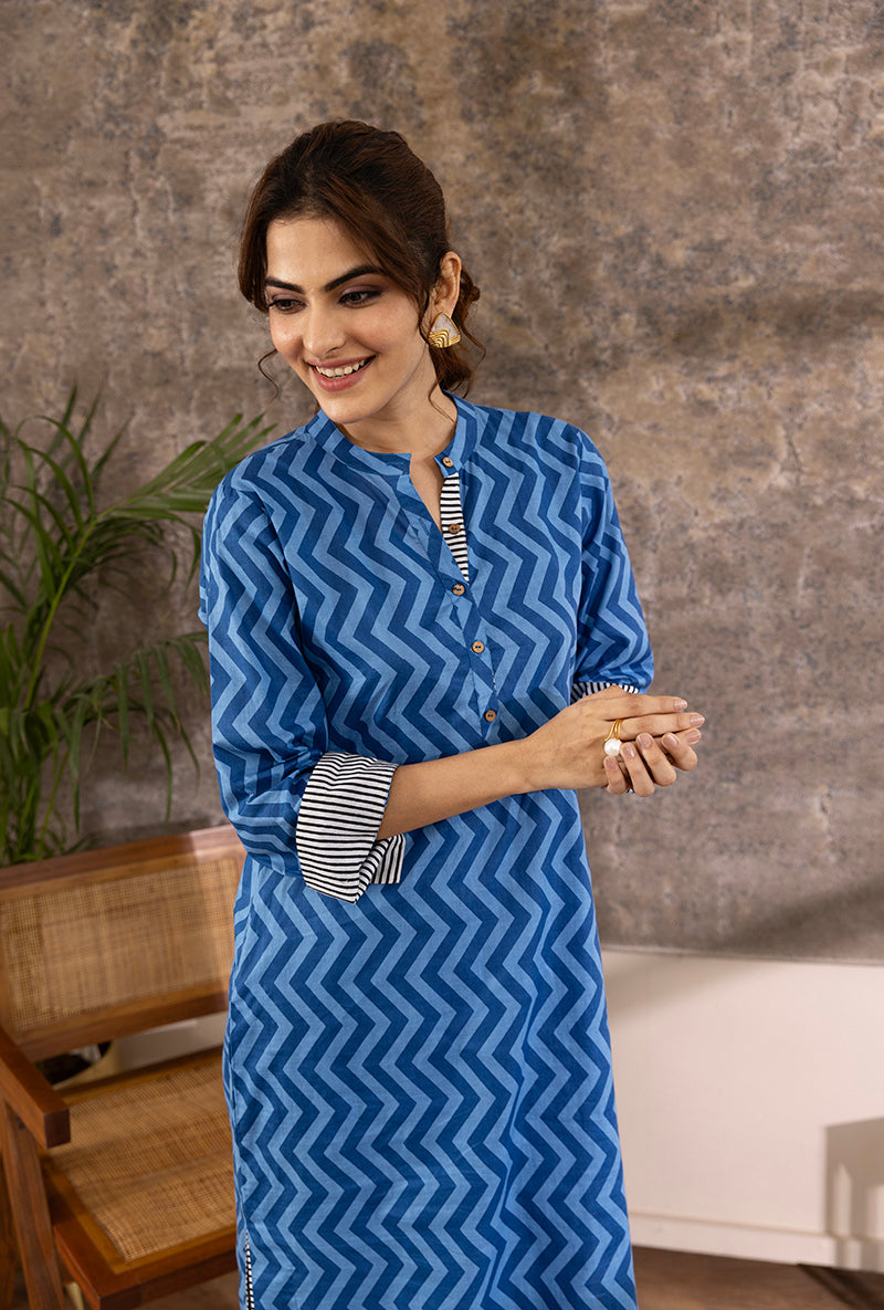 Blue Zig-Zag Print Hazel Kurta Set