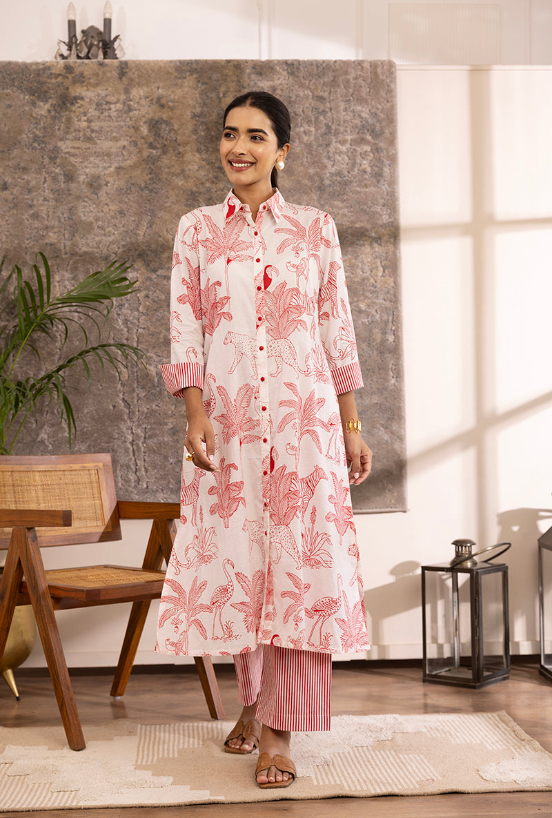 Red And White Tropical Print Hazel Kurta Set
