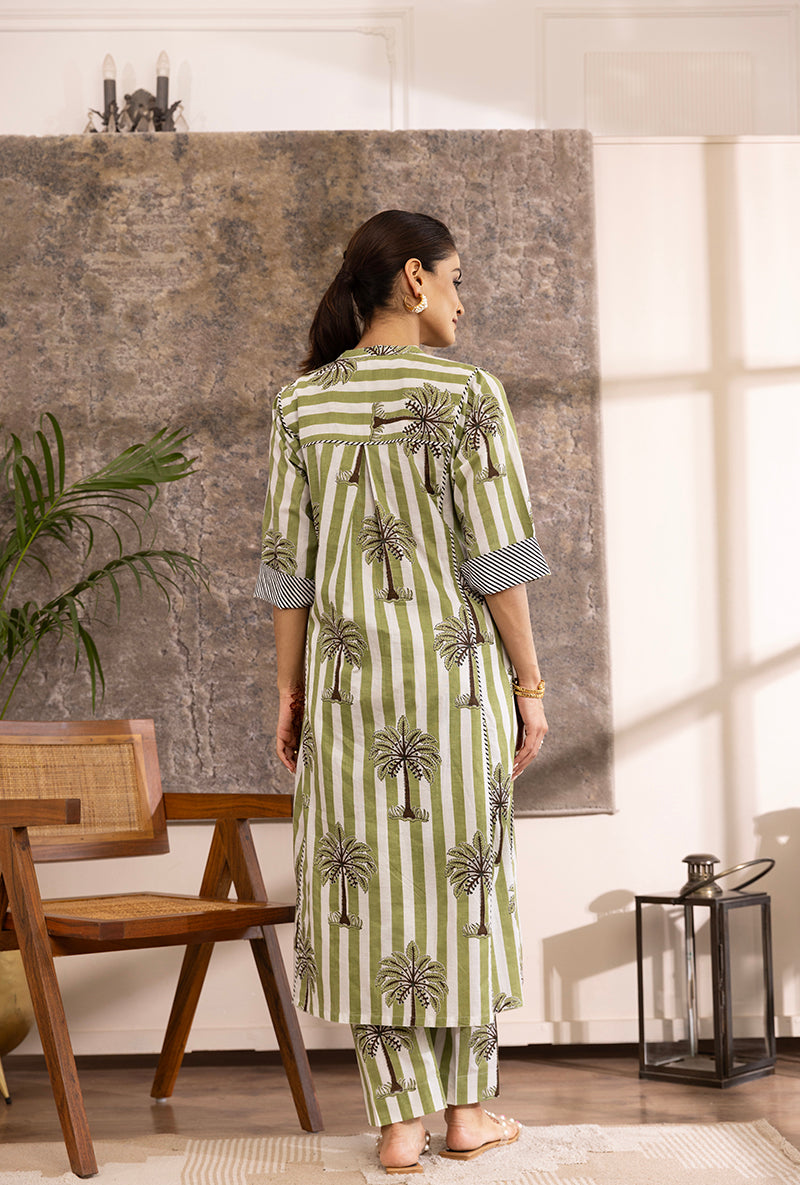 Green And White Stripe And Plam Hazel Kurta Set