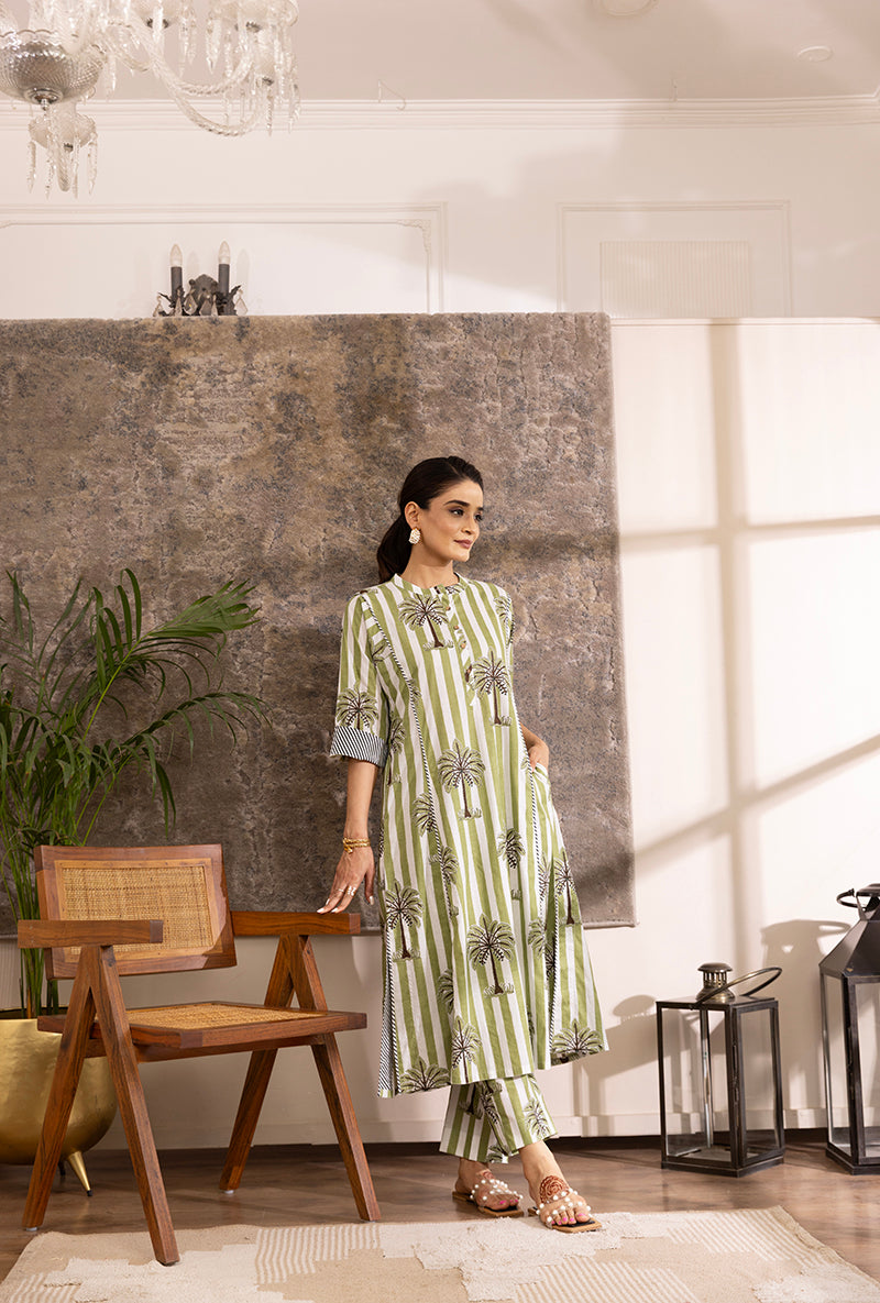 Green And White Stripe And Plam Hazel Kurta Set