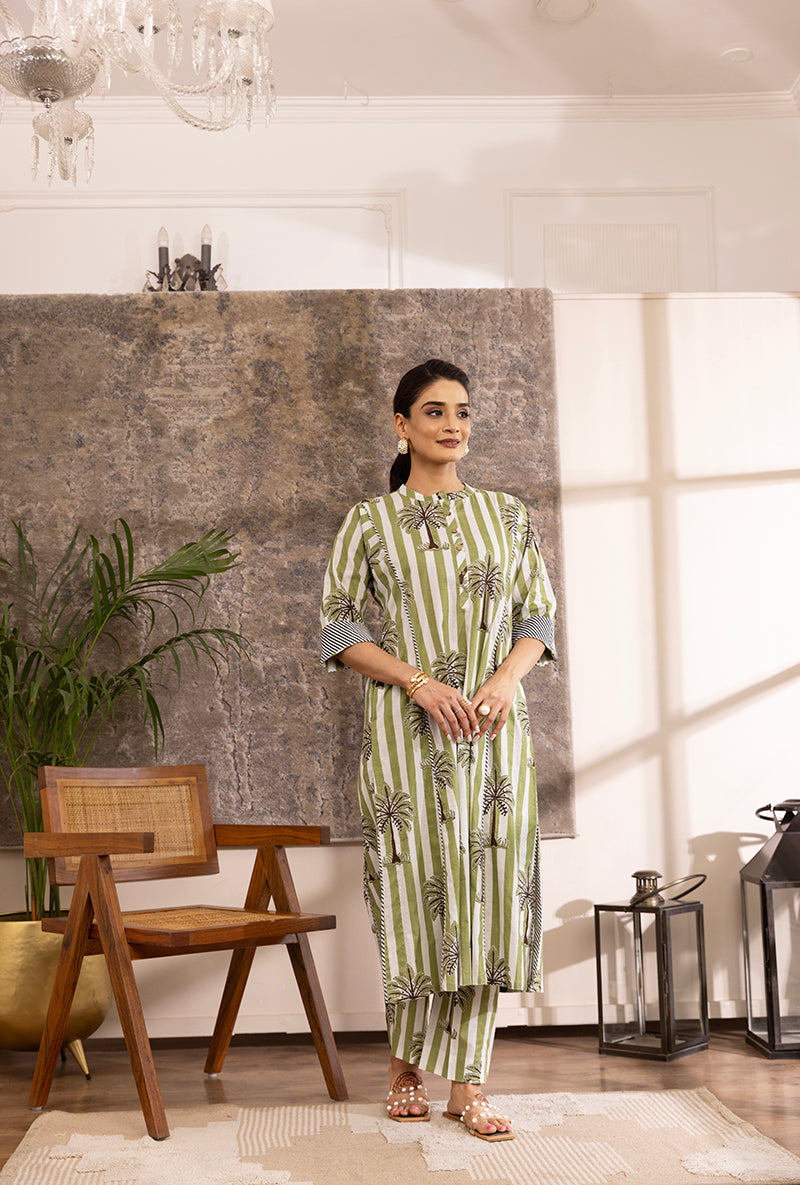 Green And White Stripe And Plam Hazel Kurta Set