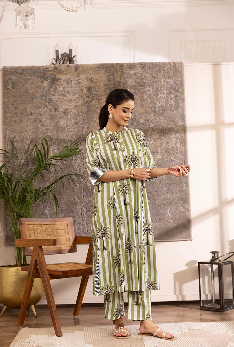 Green And White Stripe And Plam Hazel Kurta Set