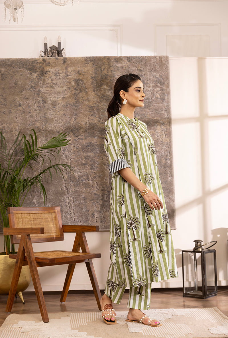 Green And White Stripe And Plam Hazel Kurta Set