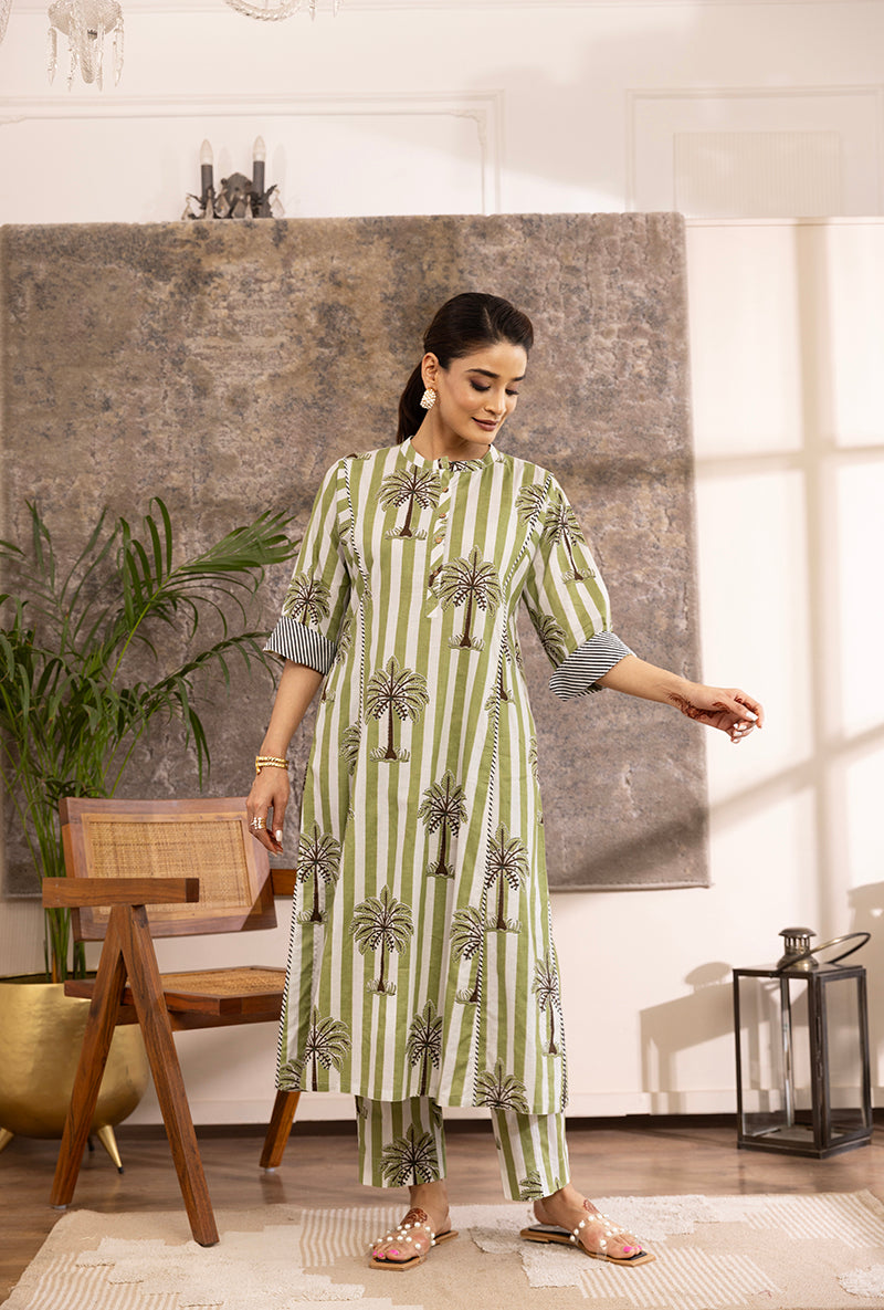Green And White Stripe And Plam Hazel Kurta Set