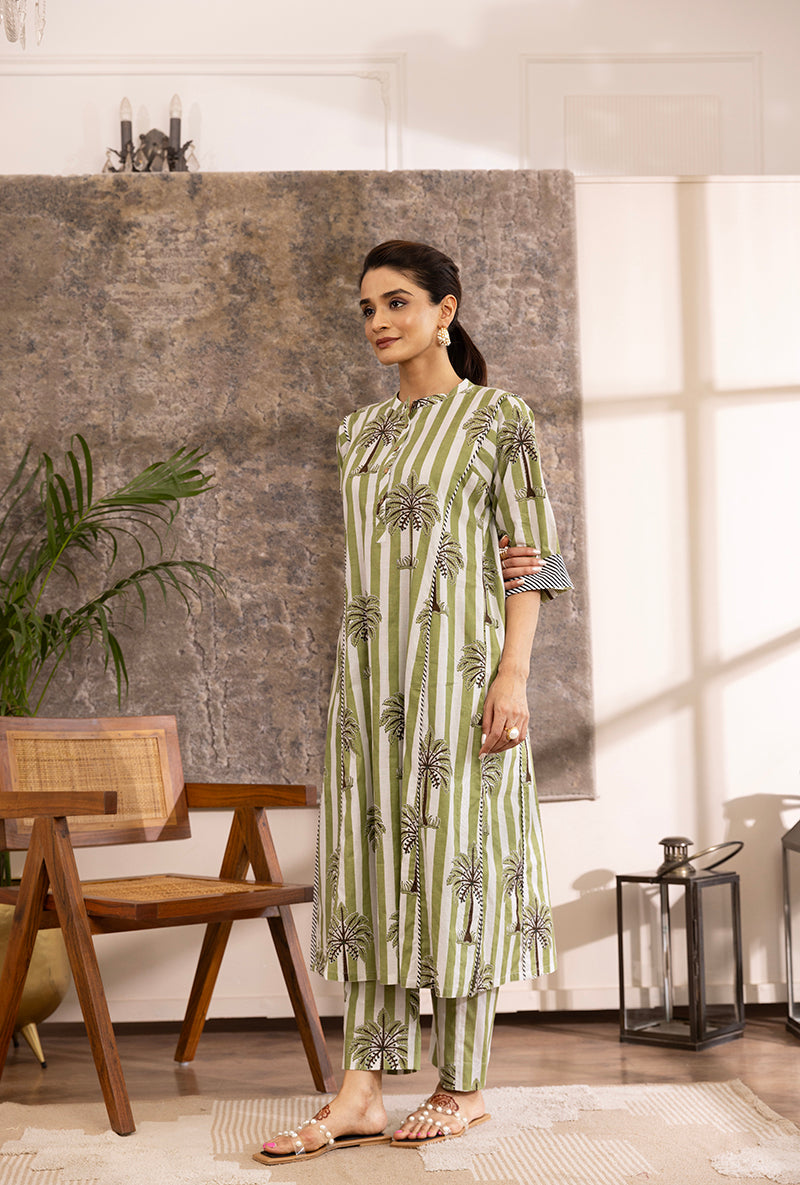 Green And White Stripe And Plam Hazel Kurta Set