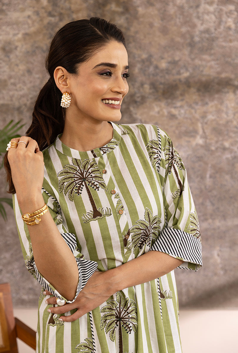 Green And White Stripe And Plam Hazel Kurta Set