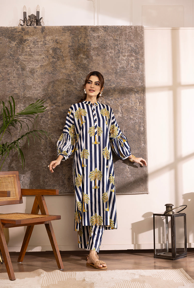 Blue And White Stripe And Palm Hazel Kurta Set