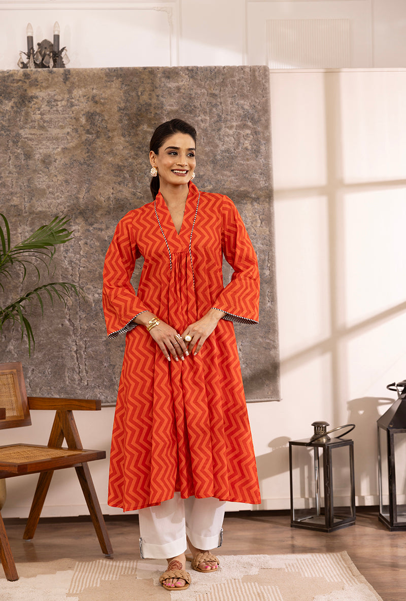 Orange Zig -Zag Print A-Line Hazel Kurta Set