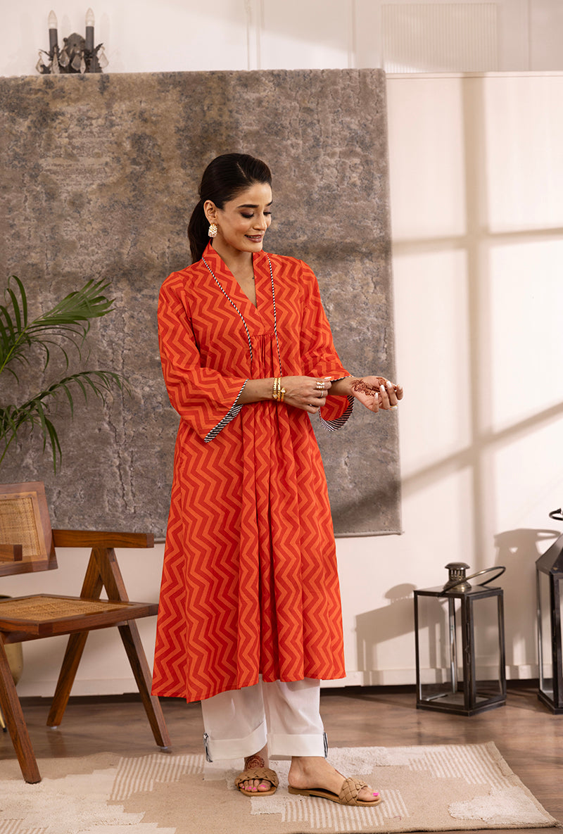 Orange Zig -Zag Print A-Line Hazel Kurta Set