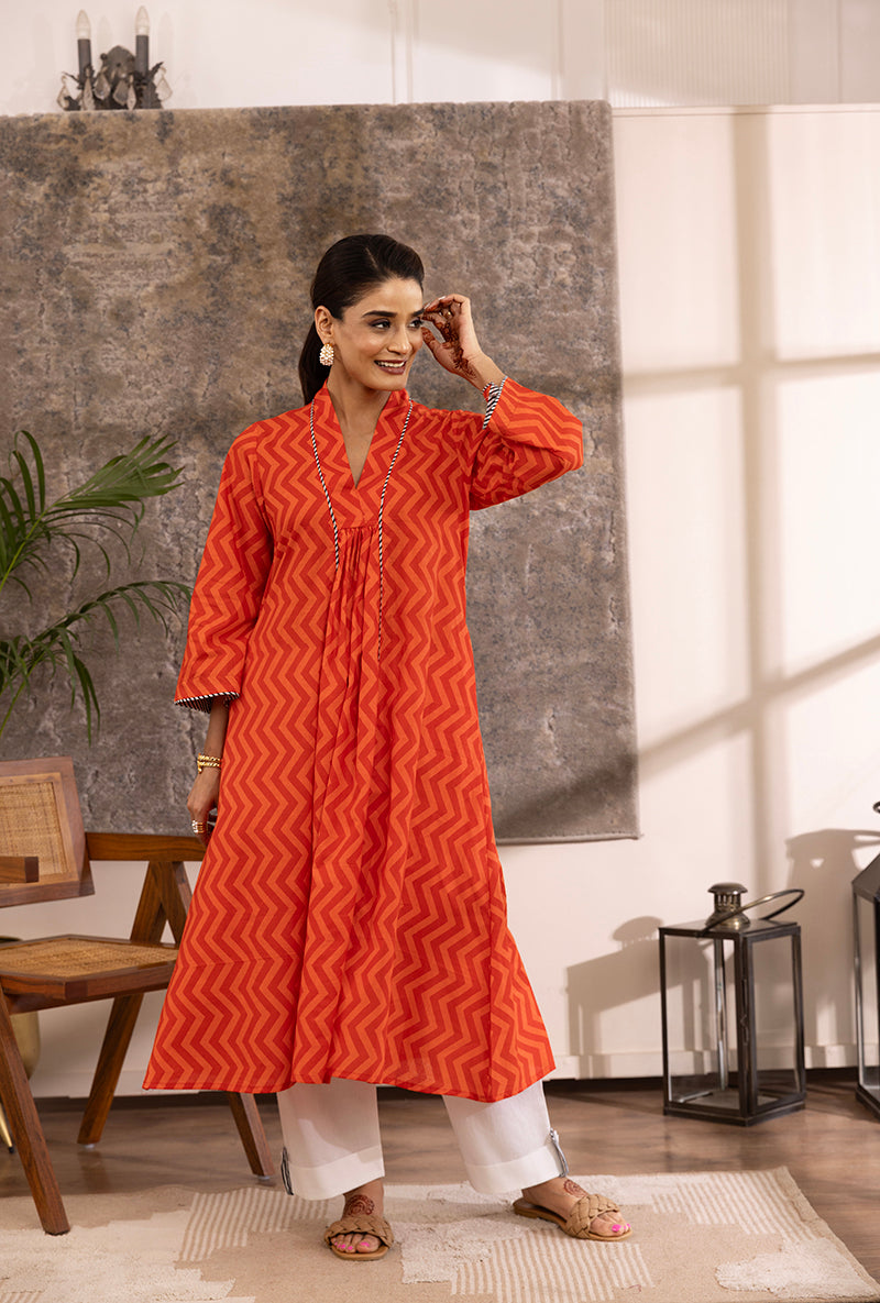 Orange Zig -Zag Print A-Line Hazel Kurta Set