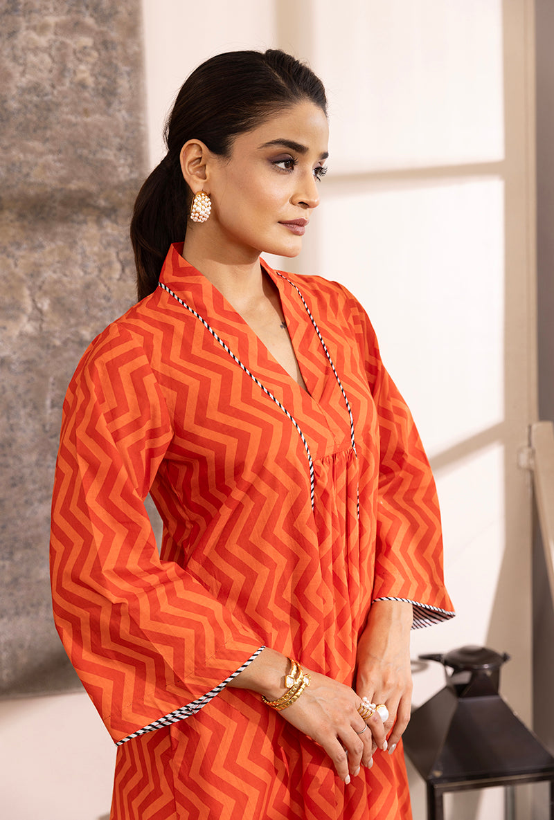 Orange Zig -Zag Print A-Line Hazel Kurta Set