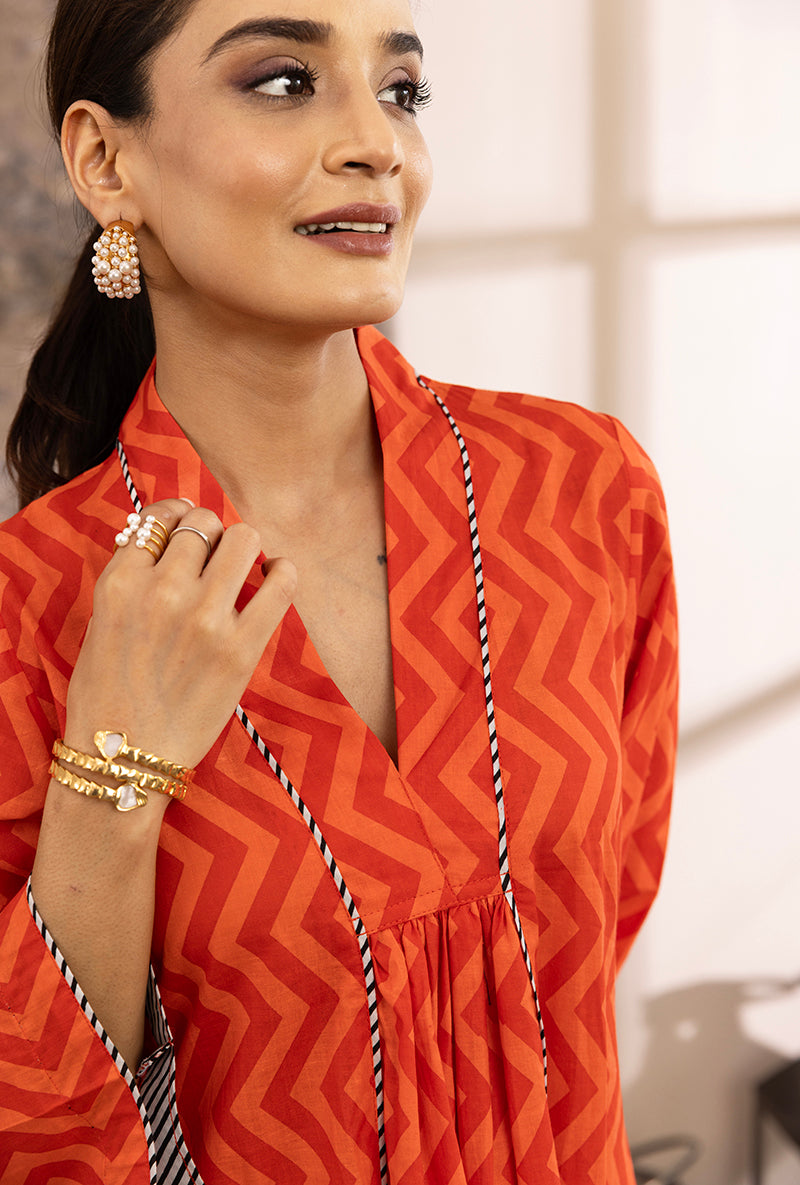 Orange Zig -Zag Print A-Line Hazel Kurta Set