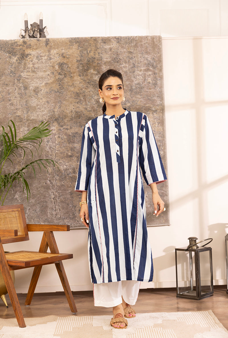 Blue And White Stripe Hazel Kurta Set