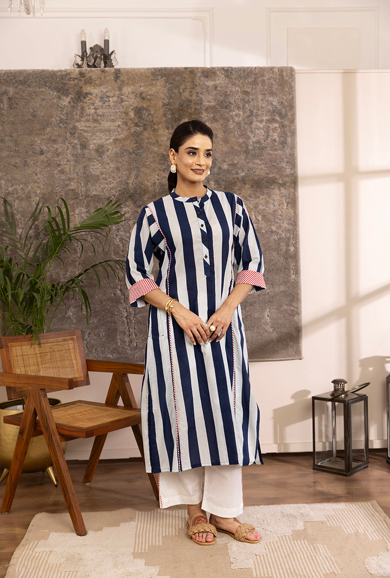 Blue And White Stripe Hazel Kurta Set