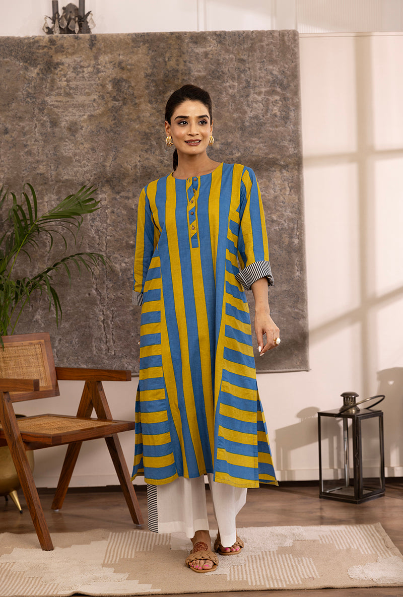 Yellow And Blue Stripe Hazel Kurta Set