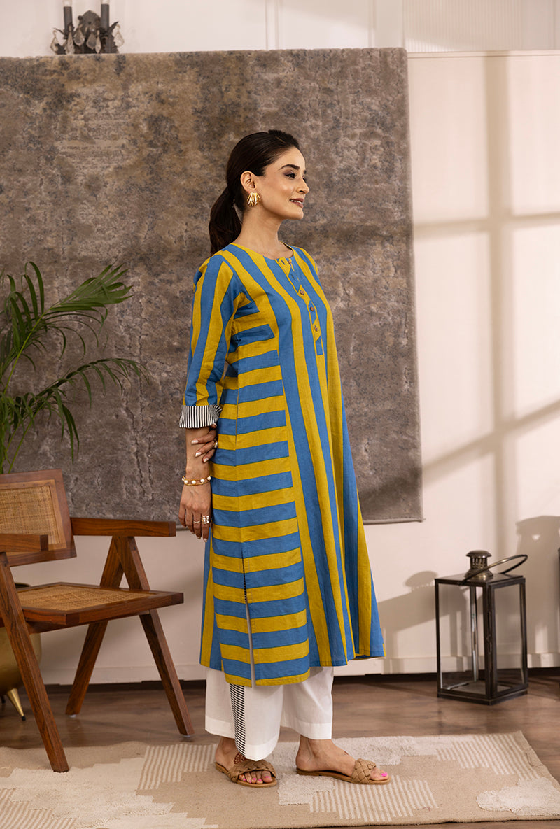 Yellow And Blue Stripe Hazel Kurta Set