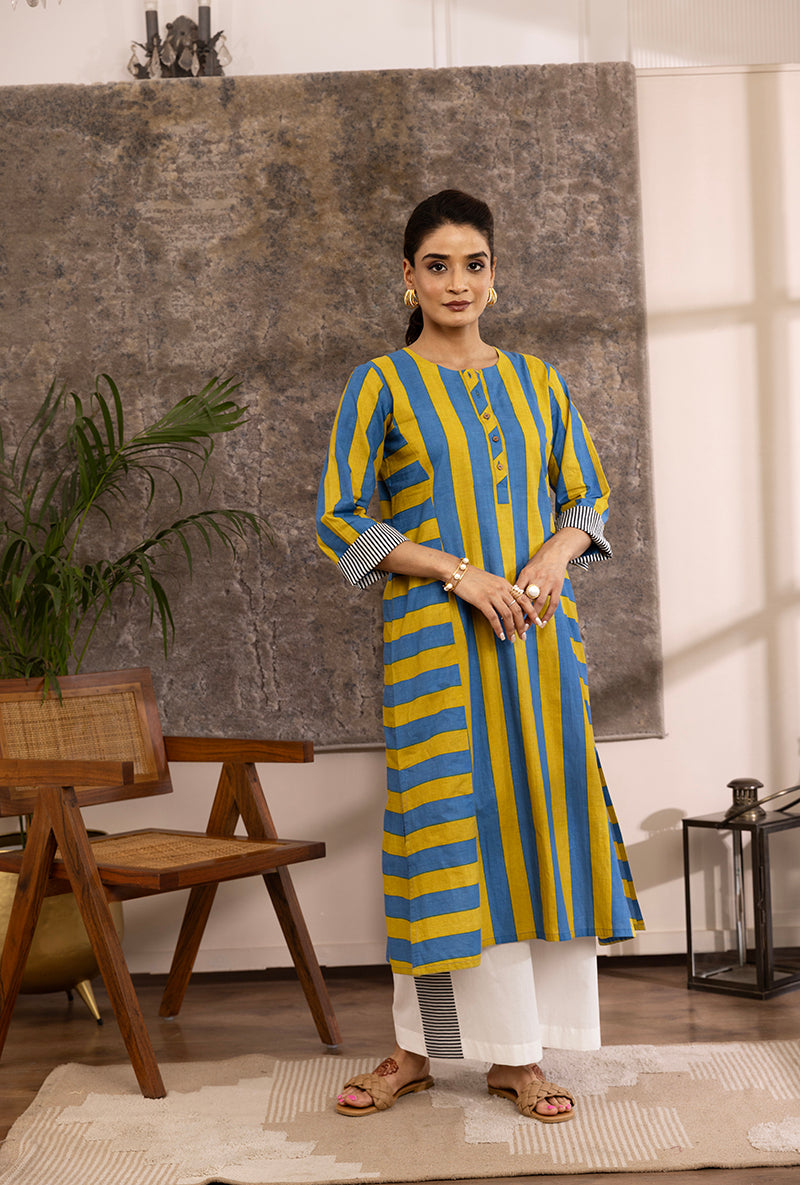 Yellow And Blue Stripe Hazel Kurta Set