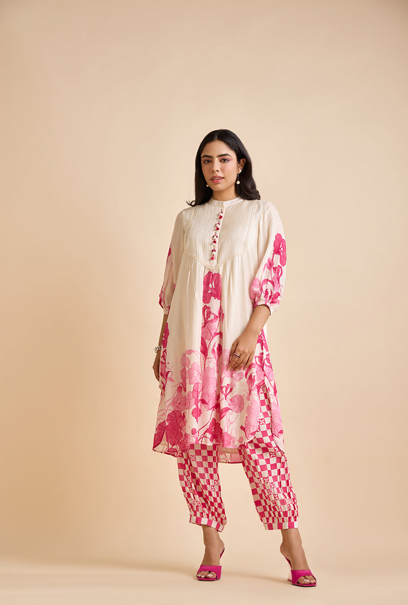 Fuschia Pink Printed Saren Blossom Kurta Set