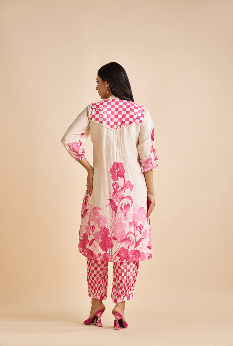 Fuschia Pink Printed Saren Blossom Kurta Set