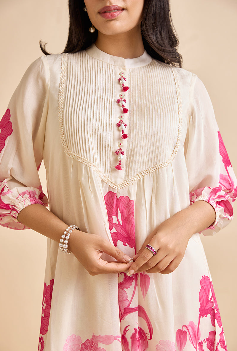 Fuschia Pink Printed Saren Blossom Kurta Set