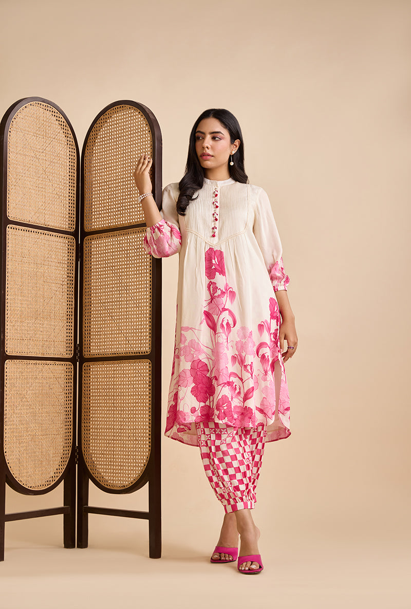 Fuschia Pink Printed Saren Blossom Kurta Set