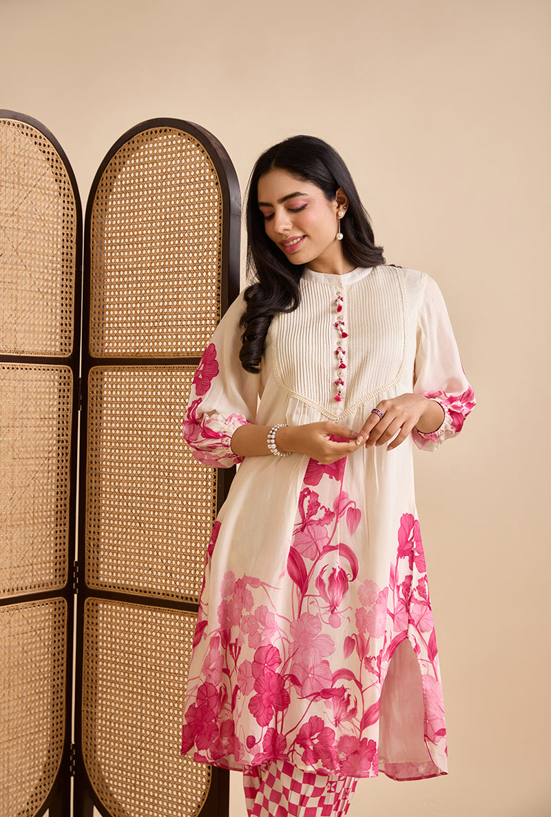 Fuschia Pink Printed Saren Blossom Kurta Set