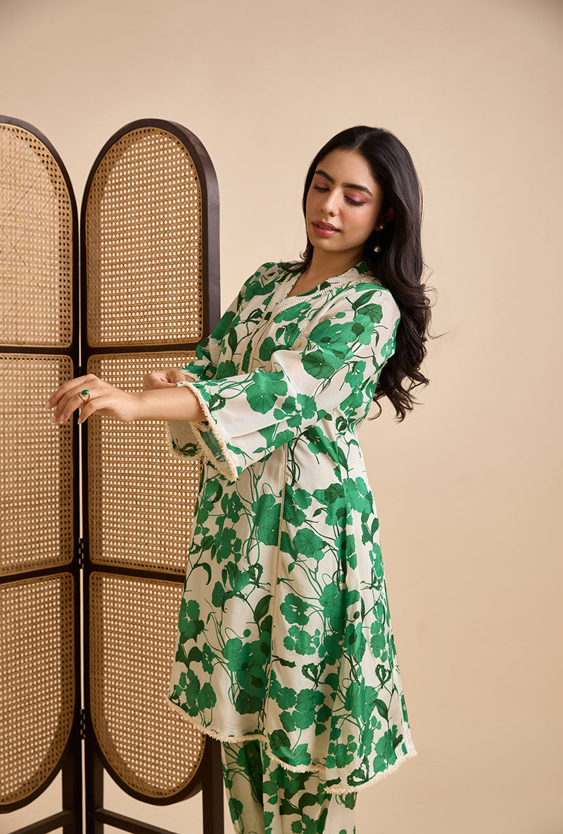 Emerald Green Valan All Over Print Blossom Kurta Set