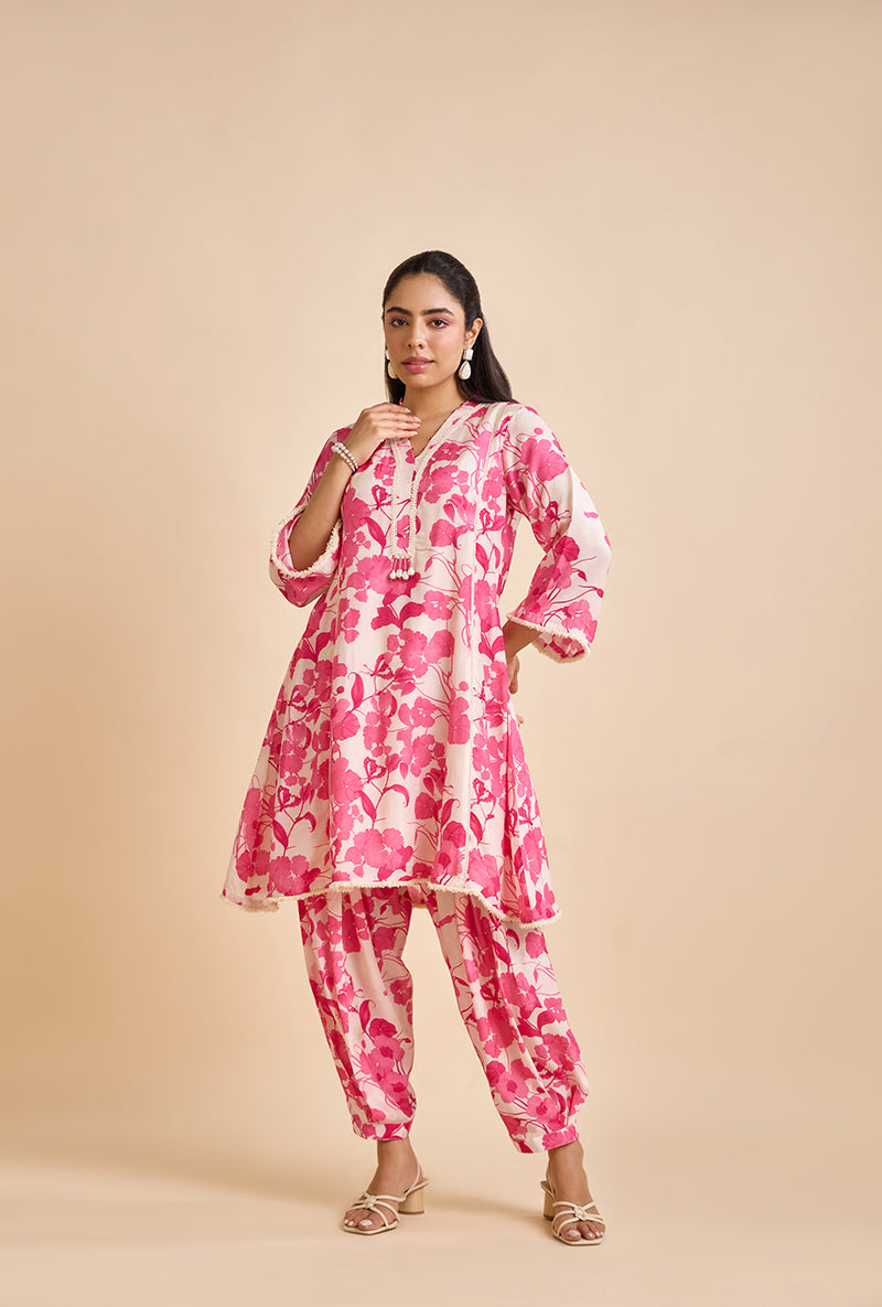 Fuschia Pink Valan All Over Print Blossom Kurta Set