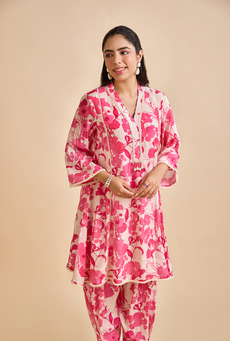Fuschia Pink Valan All Over Print Blossom Kurta Set