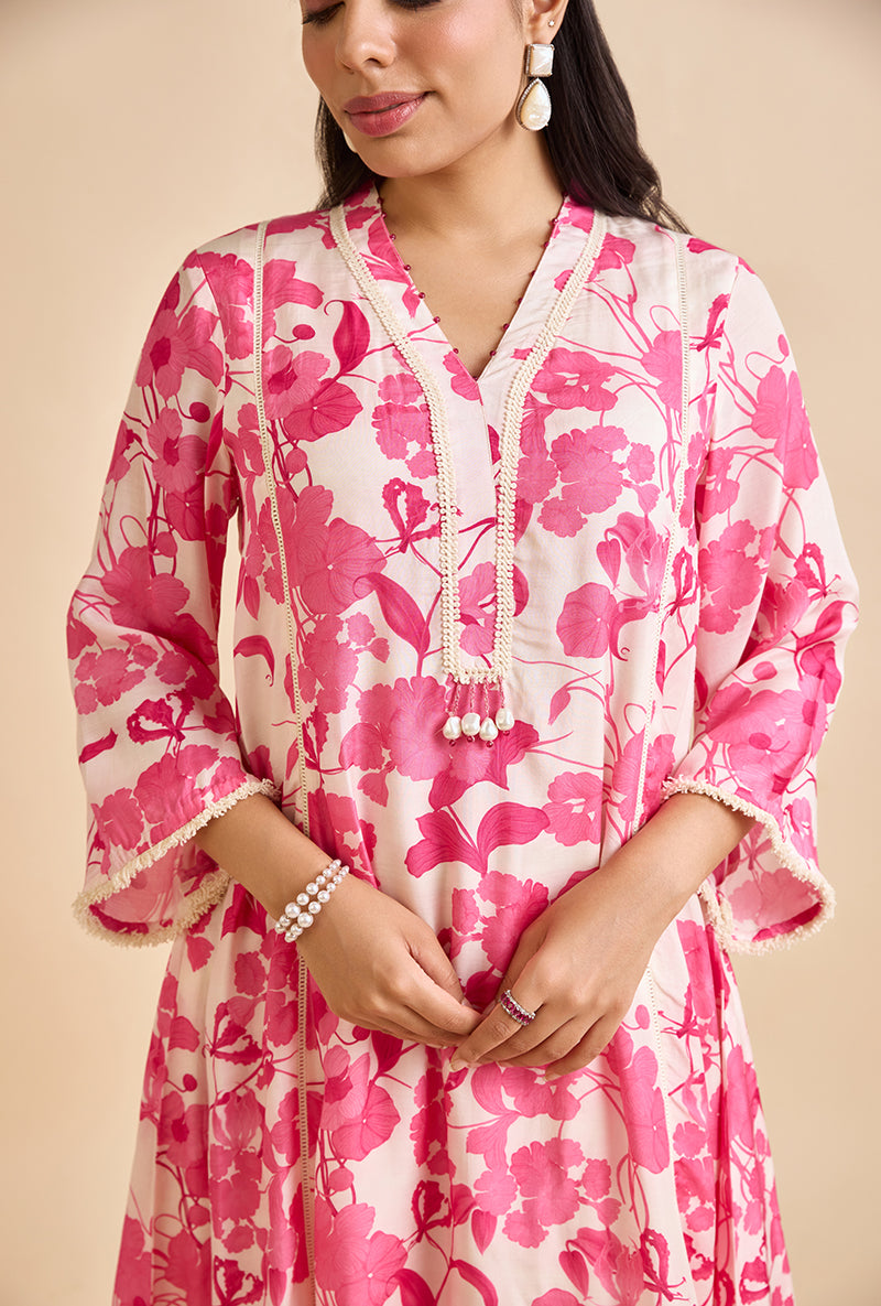 Fuschia Pink Valan All Over Print Blossom Kurta Set